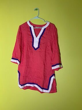 Boden V-Neck Tunic with White and Blue Trim